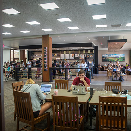 Two students sit at a table across from each other in USC's Thomas Cooper Library. Both are looking at a laptop screen.