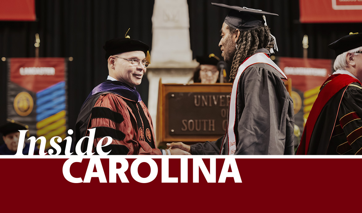 graphic that has a frame with the words Inside Carolina over an image of a graduating student in cap and gown shaking an official's hand on stage
